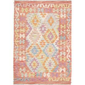 Tappeto Kilim Afghanistan Geometrico Arancio Pesca Azzurro Cielo 87x132 Cm