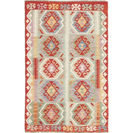 Tappeto Kilim Afghanistan Geometrico Rosso Mattone Azzurro Menta 97x153 Cm