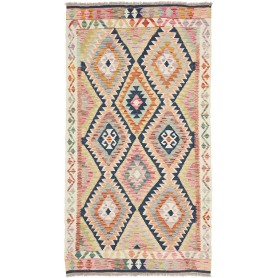 Tappeto Kilim Afghanistan Geometrico Blu Navy Tonalità Pastello 100x189 Cm