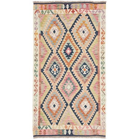 Tappeto Kilim Afghanistan Geometrico Blu Navy Tonalità Pastello 100x189 Cm