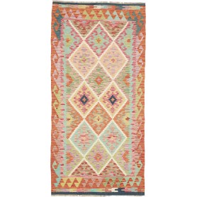 Tappeto Kilim Afghanistan Geometrico Arancione Corallo Turchese Menta 102x207 Cm