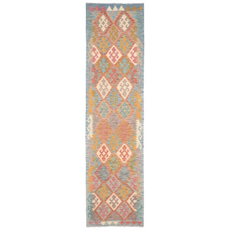 Tappeto Kilim Afghanistan Geometrico Azzurro Arancio 77x296 Cm