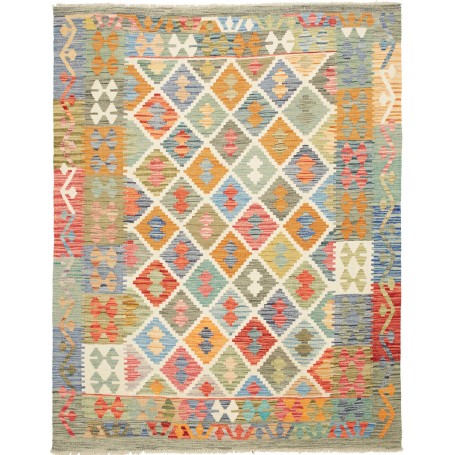 Tappeto Kilim Afghanistan Geometrico Arancione Azzurro 153x194 Cm