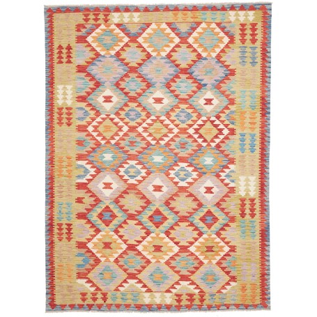 Tappeto Kilim Afghanistan Geometrico Rosso Arancio Beige Giallo 180x244 Cm