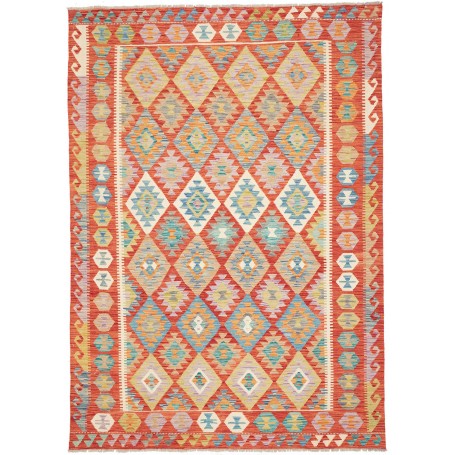 Tappeto Kilim Afghanistan Geometrico Terracotta Blu 173x244 Cm