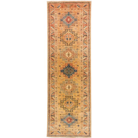 Tappeto Kazak Fine Pakistan Geometrico Ocra Blu 79x252 Cm