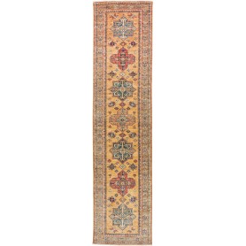 Tappeto Kazak Fine Pakistan Geometrico Giallo Ocra Blu Petrolio 74x303 Cm