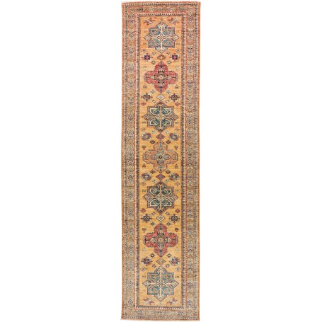 Tappeto Kazak Fine Pakistan Geometrico Giallo Ocra Blu Petrolio 74x303 Cm