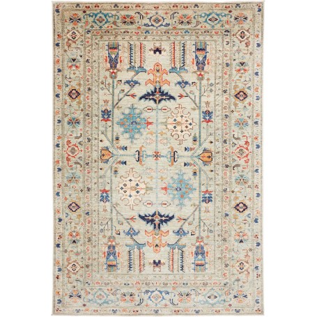 Tappeto Kazak Fine Pakistan Geometrico Verde Acqua Blu Arancio 203x299 Cm