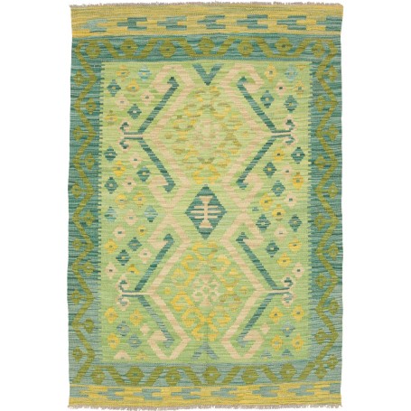Tappeto Kilim Afghanistan Geometrico Verde Acqua Giallo Beige 102x149 Cm
